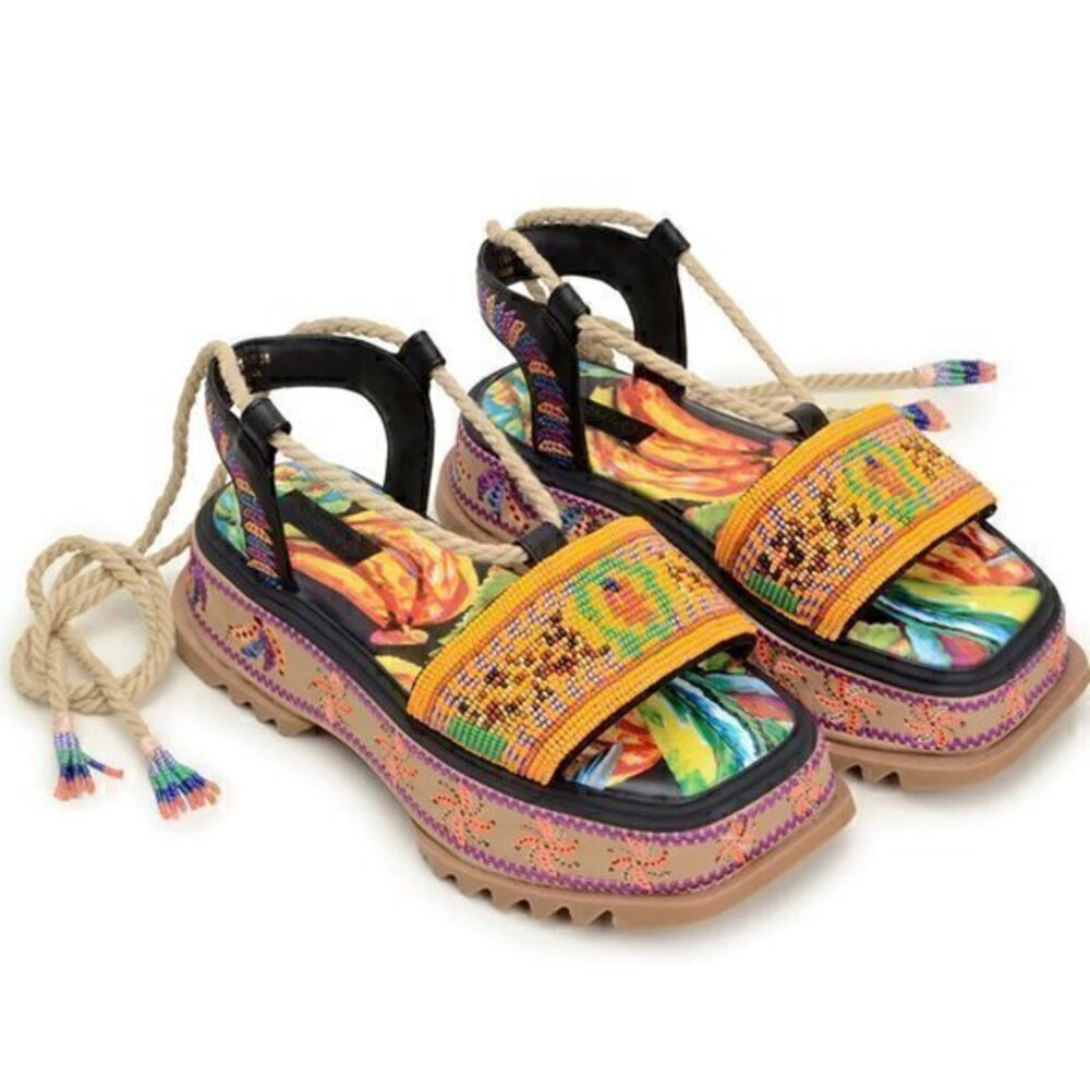 Farm Rio Beaded Banana Platform Sandal in Black Size 8 NWT - Picture 1 of 12
